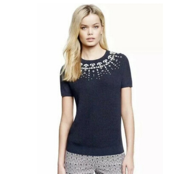 Tory Burch Pierce Short Sleeve Sweater Navy Blue Embellished Gems Beads Size XS - Picture 2 of 6